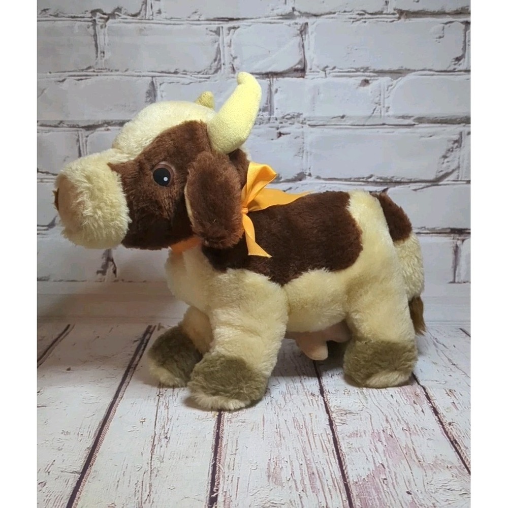 Russ Plush Cow Clover Cream Brown 10"Long Stuffed Animal Toy Lovey Utter Vintage